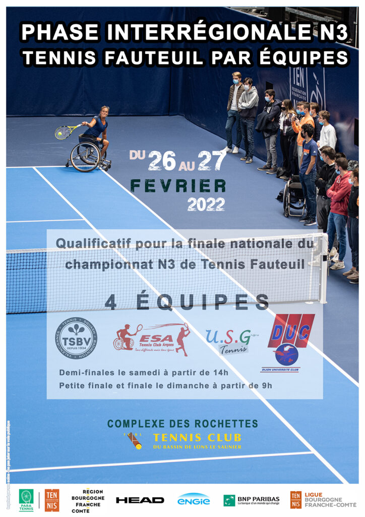 Phase Interrégionale Tennis Fauteuil Par Equipes les 26 et 27 février 2022 à Lons le Saunier : Ligue BFC de Tennis