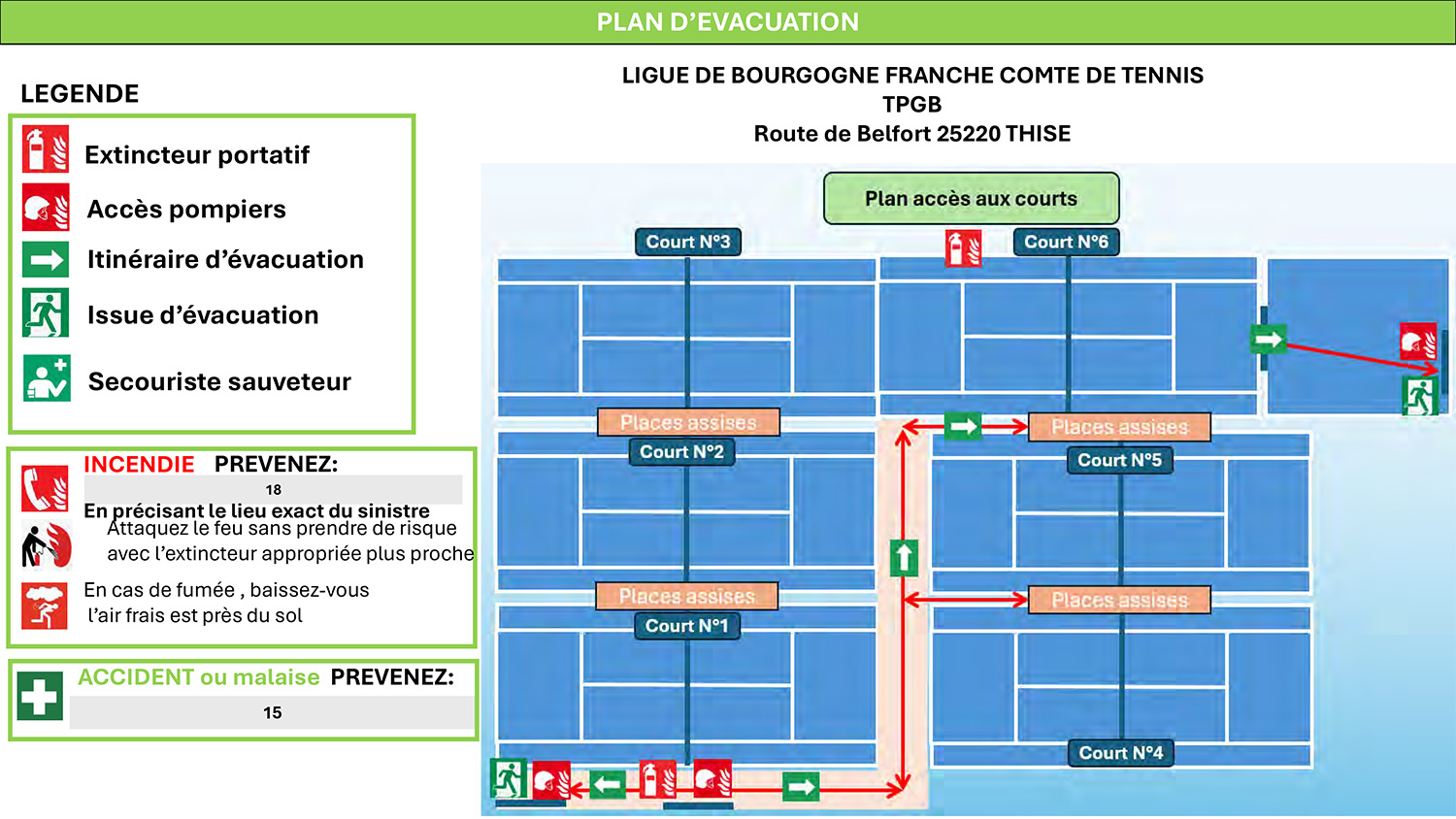 Plan d'évacuation Tennis padel Grand Besançon Championnats de France Tennis Entreprise 2024