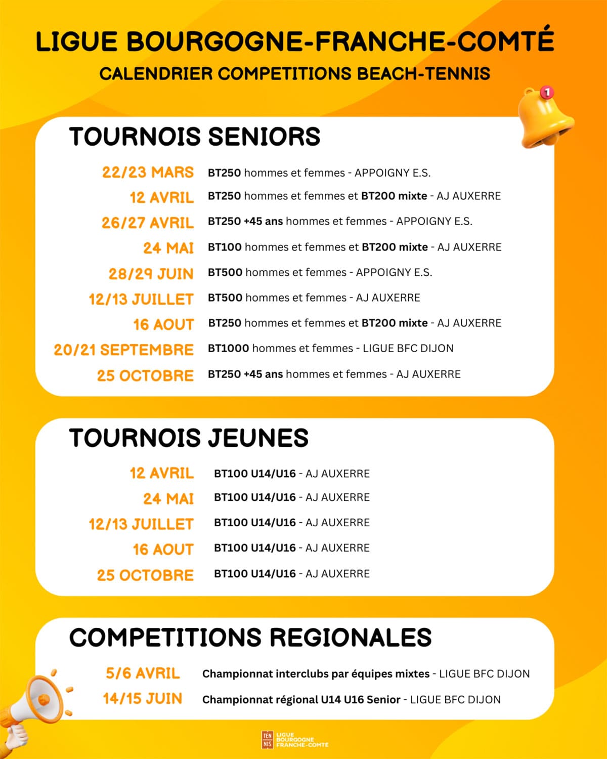 Calendrier des compétitions de Beach-Tennis : Ligue BFC de Tennis