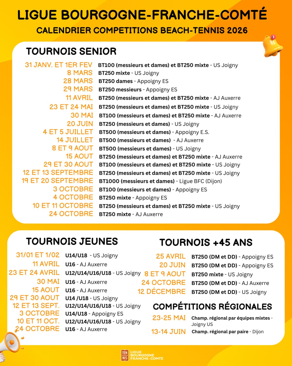Calendrier des compétitions de Beach-Tennis : Ligue BFC de Tennis